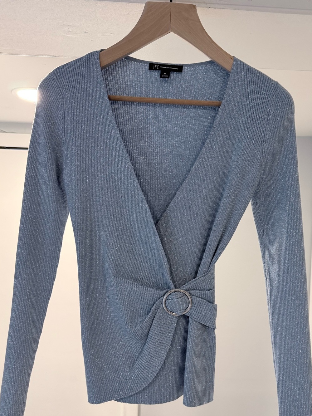 INC International Concepts Light Blue V-Neck Sweater with Ring Accent